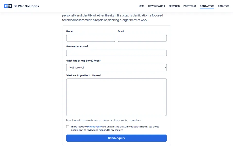 DB Web Solutions contact form for structured project enquiries.