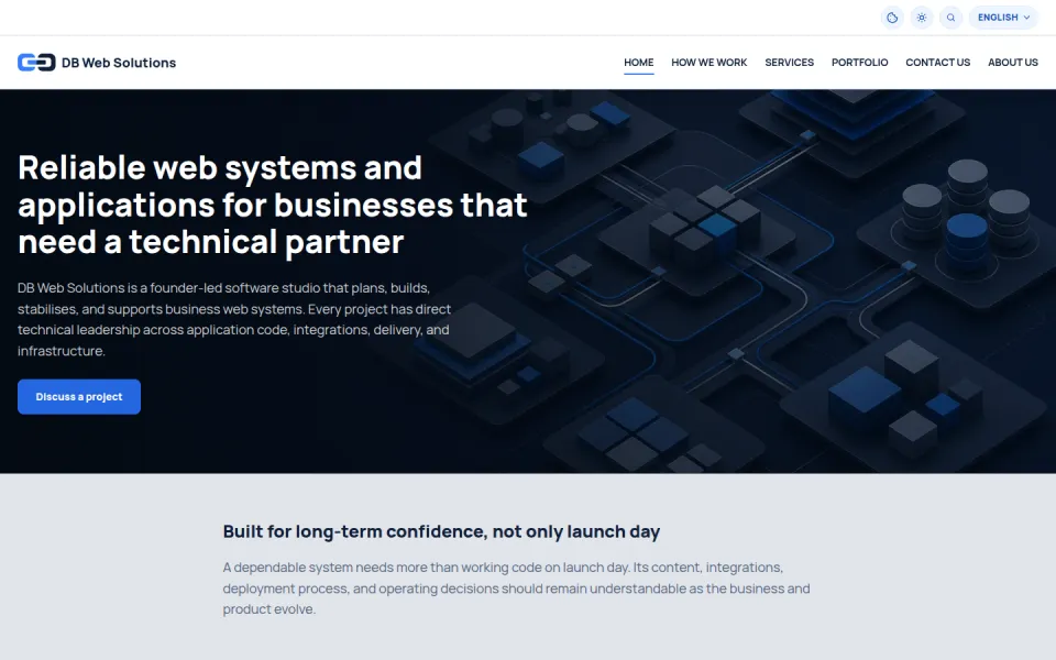 DB Web Solutions homepage presenting reliable web systems with direct technical leadership.