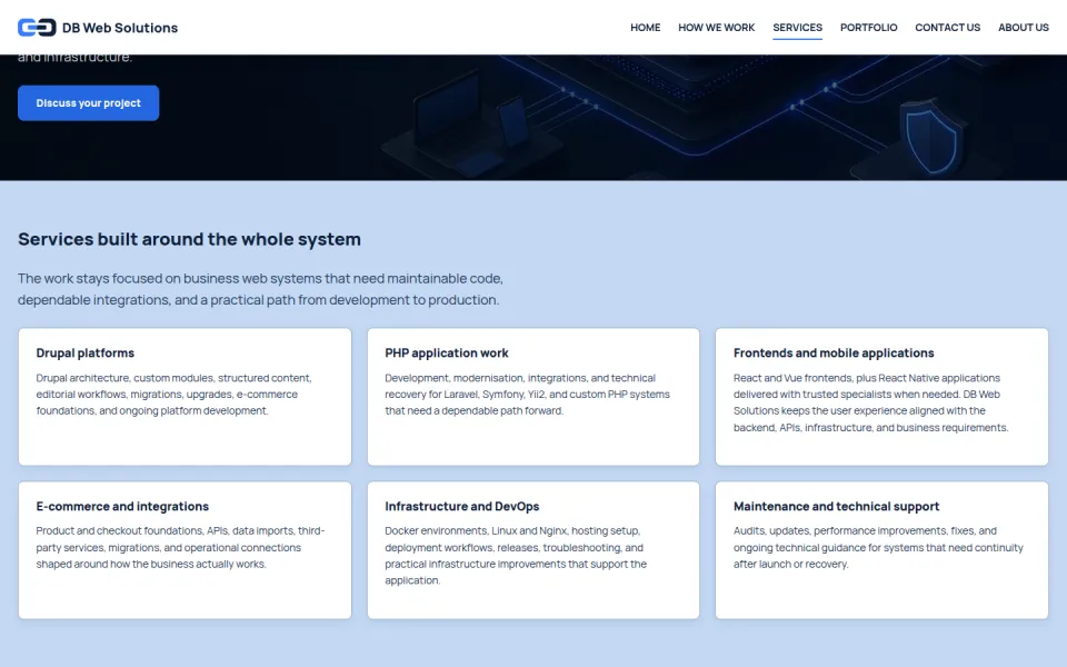 DB Web Solutions services page grouping Drupal, PHP, frontend, e-commerce, DevOps, and support work.