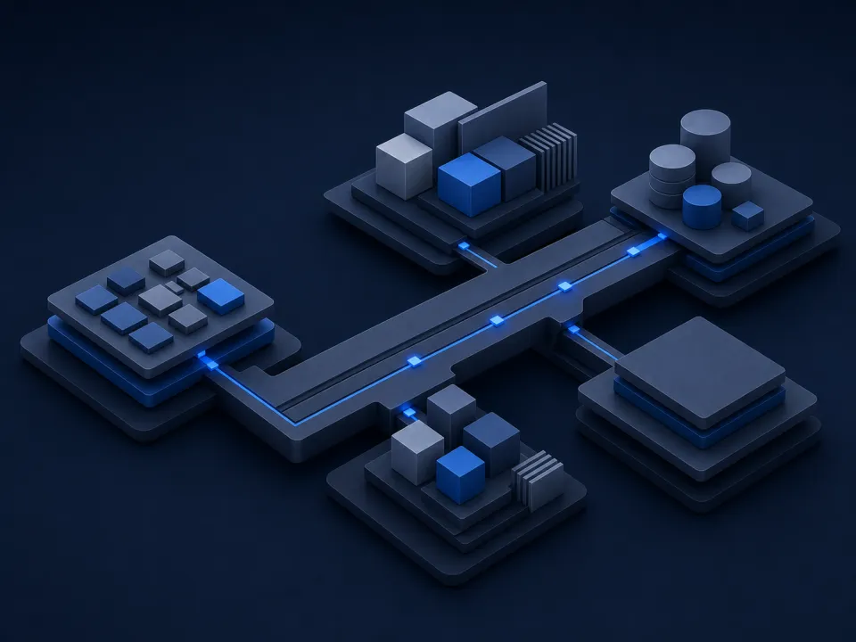 Diagram of a central technical foundation connecting application, data, interface, and delivery layers.