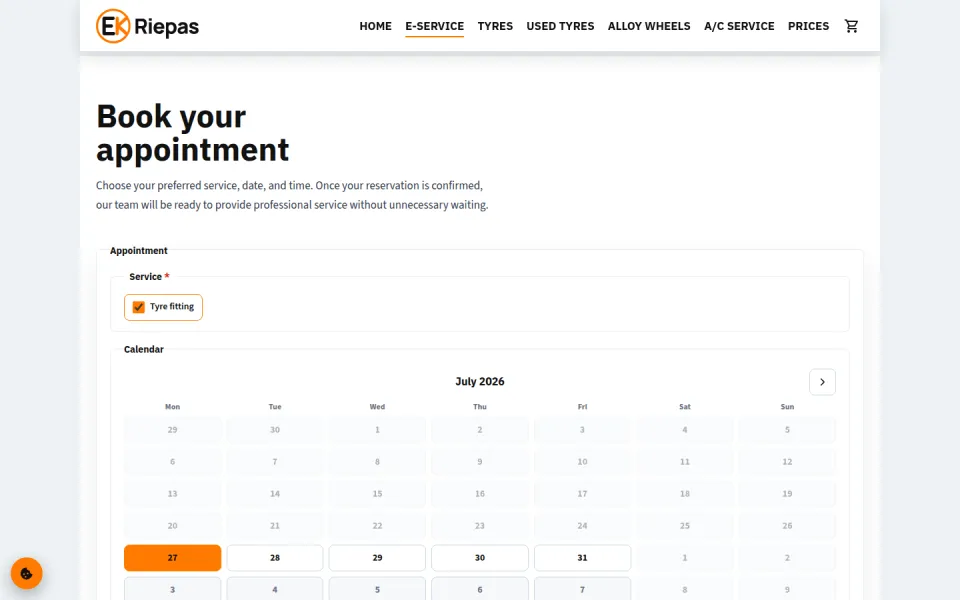 EK Riepas online tyre-service booking with service selection and appointment calendar.
