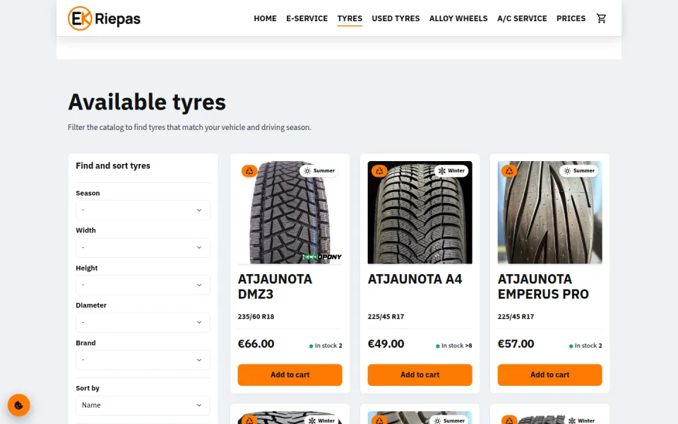 EK Riepas desktop tyre catalogue with customer filters and product cards.