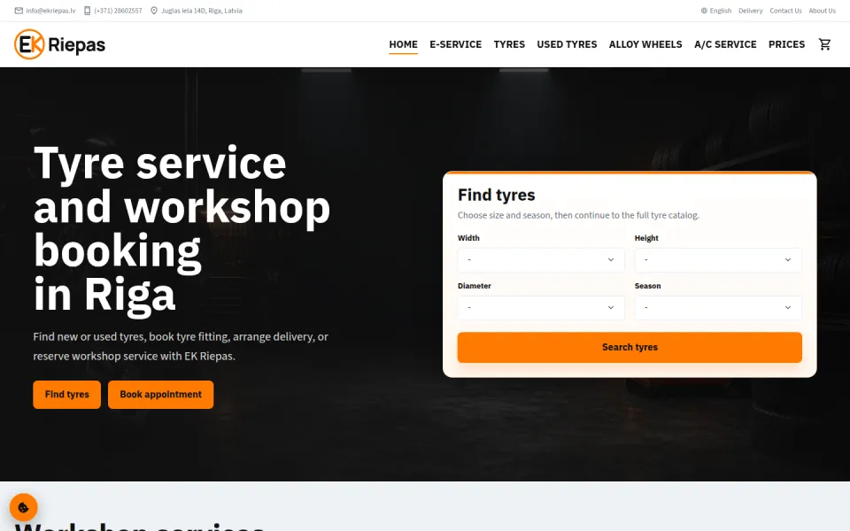 EK Riepas homepage connecting tyre discovery with workshop appointment booking.
